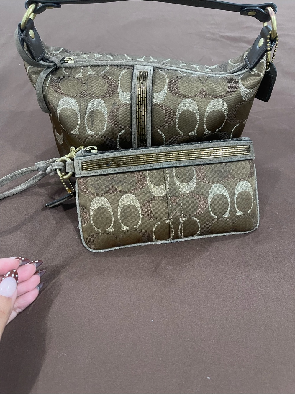 Coach Brown Signature Jacquard Shoulder Bag with Wristlet